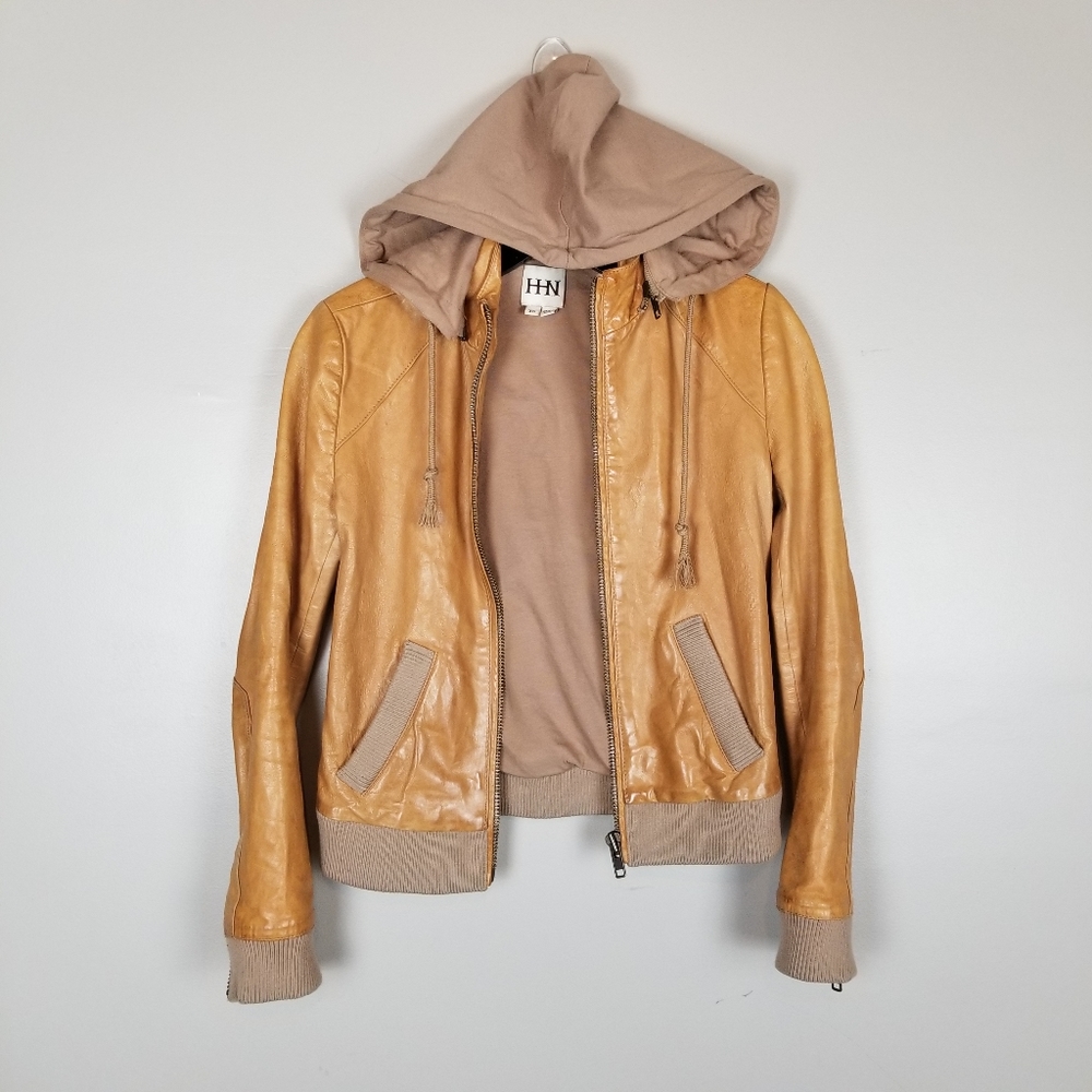 Haute Hippie leather jacket with zip in hoodie, size xs